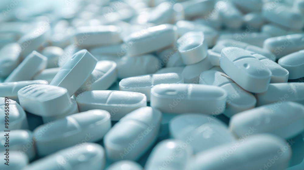 A collection of white pills sits on a table, ready for use A collection of white pills sits on a table, ready for use