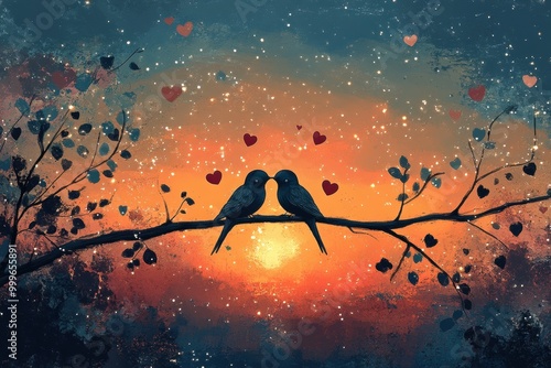 romantic illustration, whimsical drawing showing lovebirds perched on a tree branch with heart-shaped leaves against a sparkling sunset for valentines day