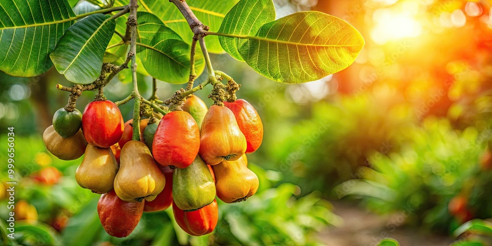 Cashew nuts dangle from a tree amidst vibrant greenery, bathed in warm sunlight, creating a picturesque scene of nature’s bounty and beauty. Cashew nuts dangle from a tree amidst vibrant greenery, bathed in warm sunlight, creating a picturesque scene of nature’s bounty and beauty.