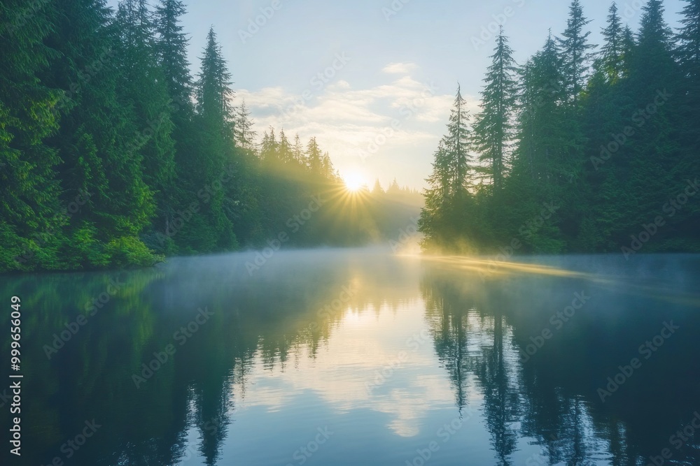 Serene sunrise over a misty lake surrounded by evergreen trees. Serene sunrise over a misty lake surrounded by evergreen trees.