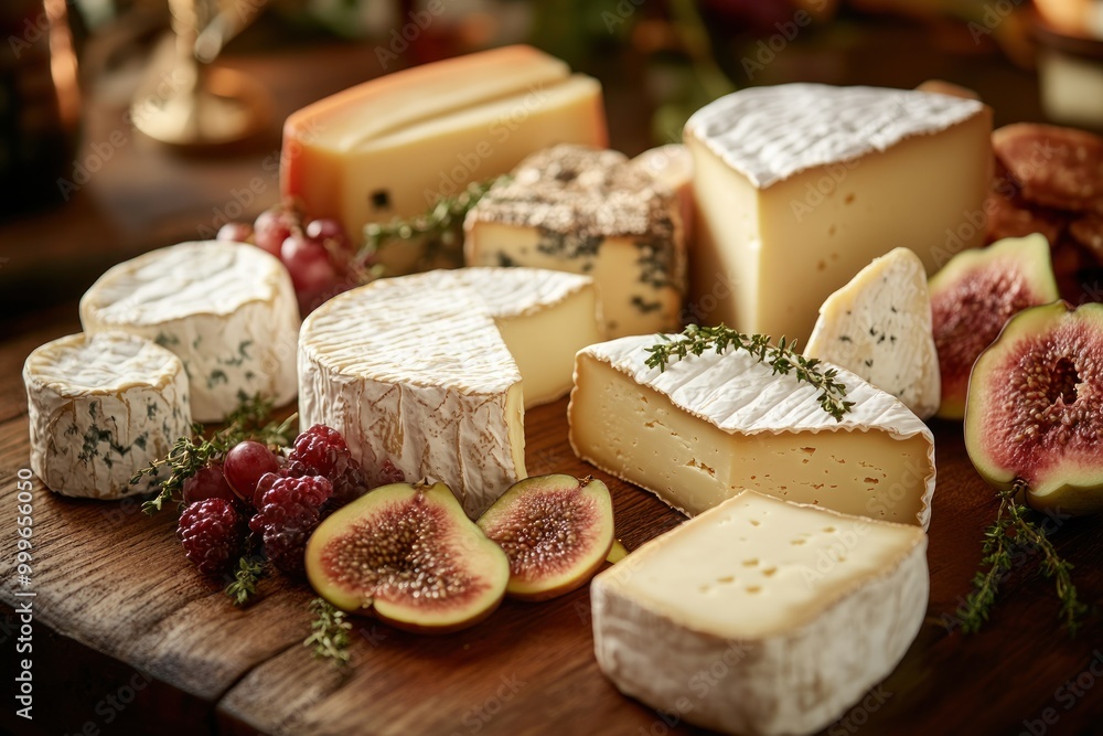 A variety of cheeses displayed on a wooden board with fruits and herbs for a gourmet spread. A variety of cheeses displayed on a wooden board with fruits and herbs for a gourmet spread.