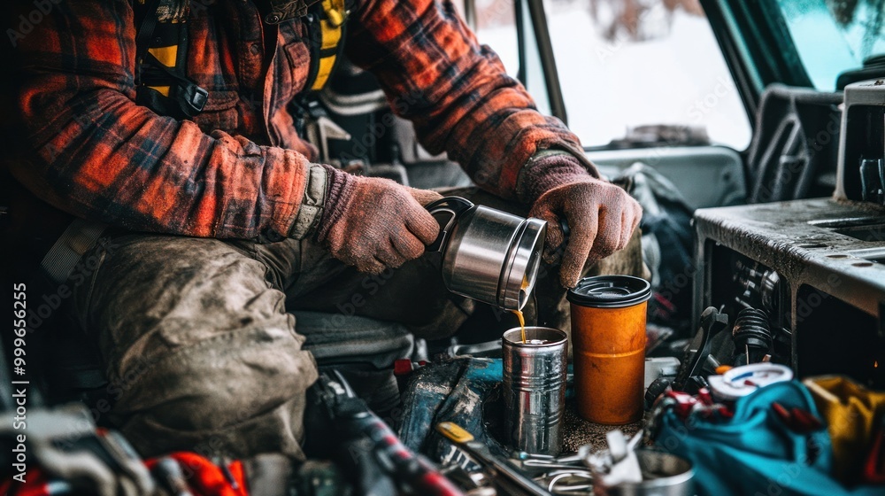 A person pours a drink from a metal container into a cup while seated in a vehicle.