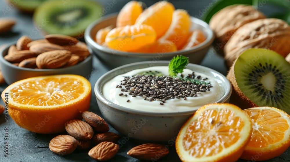 Fruit yogurt, kiwi, muesli, almonds, tangerines and chia seeds for weight loss. Healthy breakfast with ingredients, kitchen background. Concept of natural nutrition and detox diet, lifestyle, Fruit yogurt, kiwi, muesli, almonds, tangerines and chia seeds for weight loss. Healthy breakfast with ingredients, kitchen background. Concept of natural nutrition and detox diet, lifestyle,