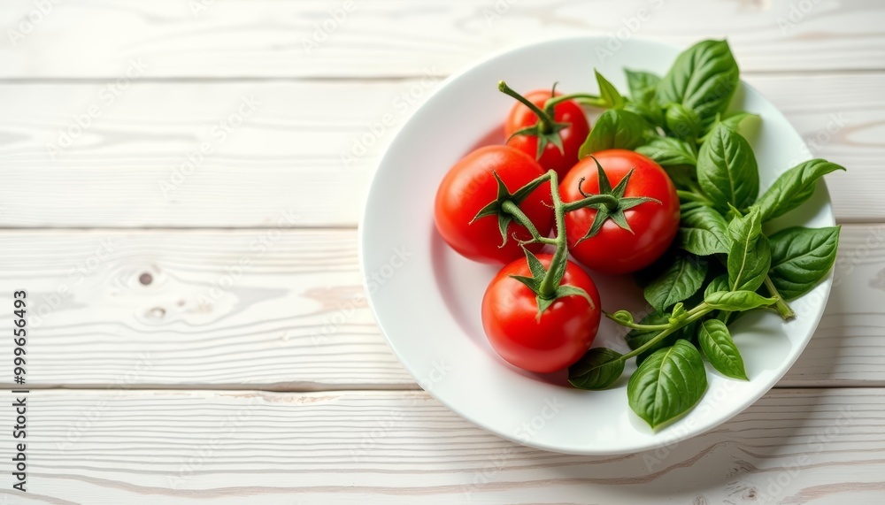 Freshness on a plate Cherry tomatoes and basil Freshness on a plate Cherry tomatoes and basil