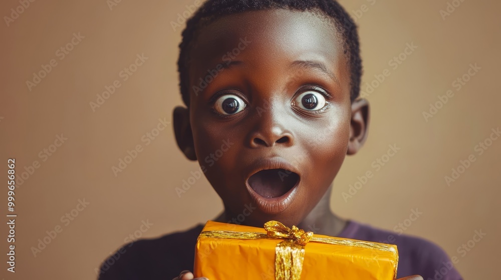 Astonished African Boy Holding Surprise Gift with Wide Eyes Full of Wonder and Excitement Astonished African Boy Holding Surprise Gift with Wide Eyes Full of Wonder and Excitement