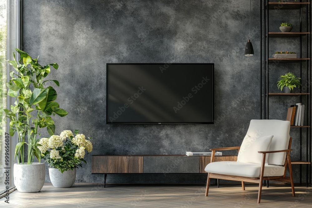 Modern Living Room Interior with TV Cabinet, Armchair, Shelf, and Green Plant on Concrete Wall Background Modern Living Room Interior with TV Cabinet, Armchair, Shelf, and Green Plant on Concrete Wall Background