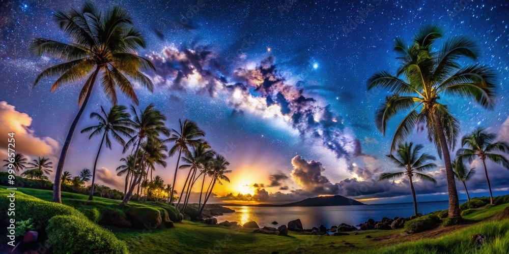 Breathtaking Night View of Hawaii's Tropical Landscape Under a Starry Sky and Moonlight Reflection Breathtaking Night View of Hawaii's Tropical Landscape Under a Starry Sky and Moonlight Reflection