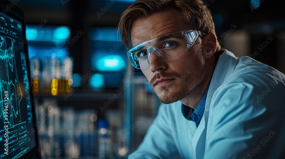 Innovative Scientific Research for Sustainable Solutions: Scientist Analyzing Data in Laboratory Setting Innovative Scientific Research for Sustainable Solutions: Scientist Analyzing Data in Laboratory Setting
