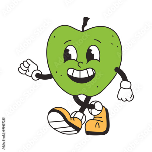 Retro groovy character green apple. Funny vintage mascot vector element. Food, fruit. Cartoon vector illustration