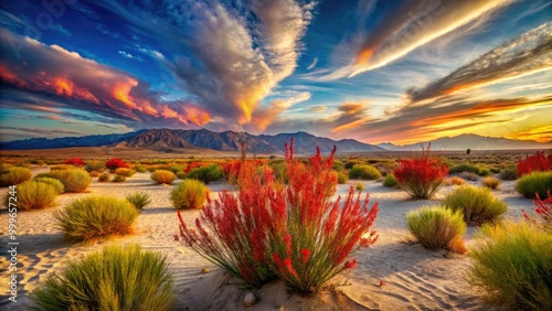 Breathtaking Ocotillo Wells, California features mesmerizing desert landscapes adorned with unique flora, under expansive skies that showcase dramatic cloud formations and stunning colors. photo