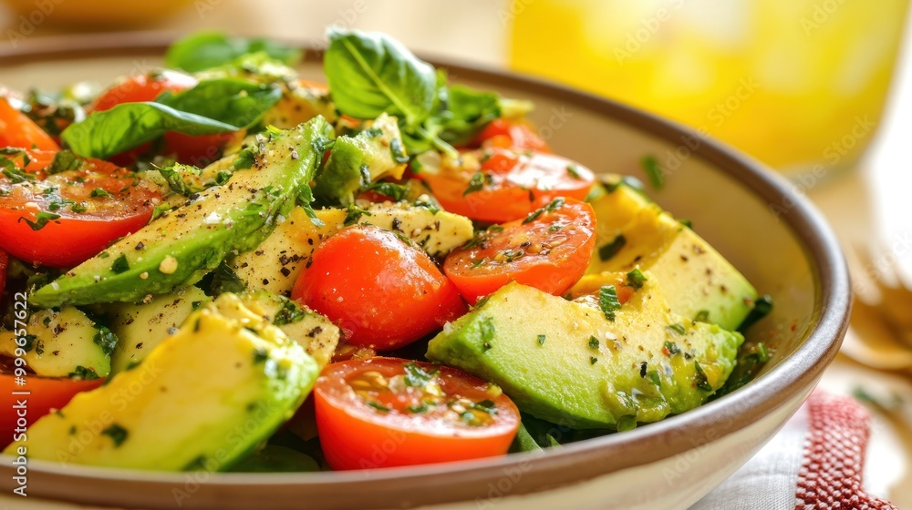 A fresh salad with avocado, cherry tomatoes, and basil in a bowl, highlighting healthy eating. A fresh salad with avocado, cherry tomatoes, and basil in a bowl, highlighting healthy eating.