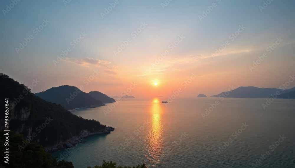 Naklejka premium Sunset over tranquil waters a serene coastal view