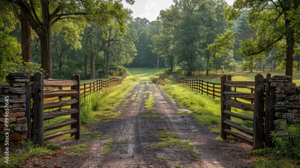 Gated open entrance with road driveway in rural countryside in Virginia estate with stone fence and gravel dirt path street with green lush trees in summer Gated open entrance with road driveway in rural countryside in Virginia estate with stone fence and gravel dirt path street with green lush trees in summer