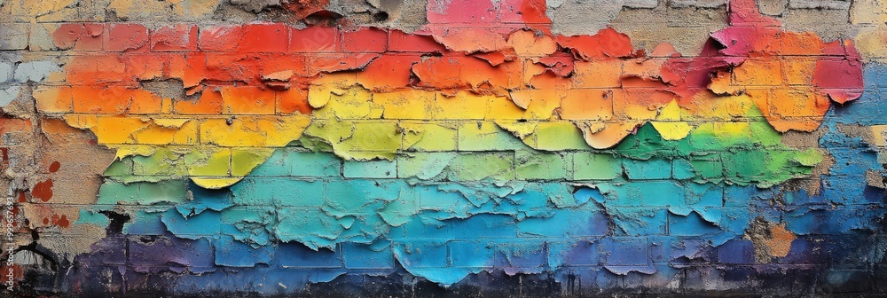 Textured rainbow graffiti on a rough brick wall, bold colors blending unevenly Textured rainbow graffiti on a rough brick wall, bold colors blending unevenly