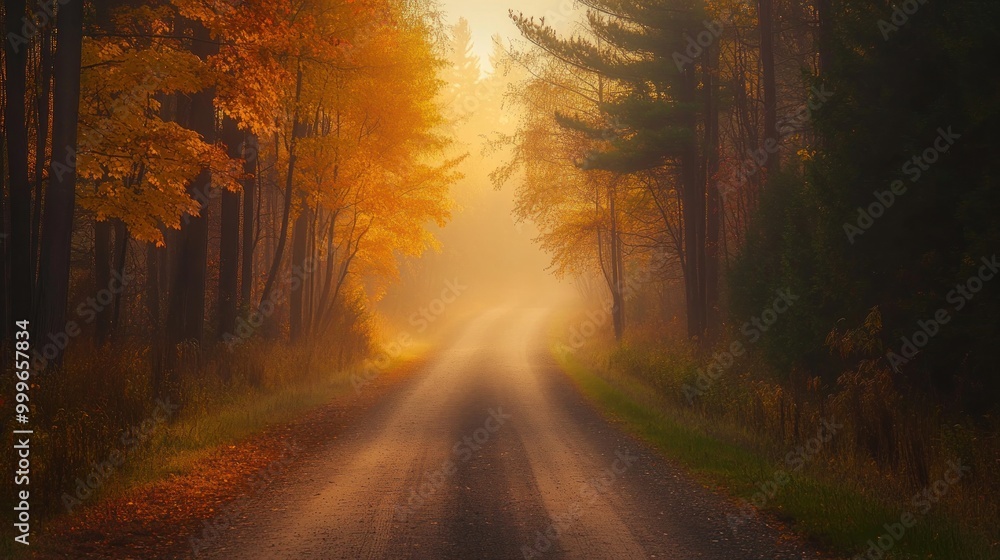 A serene autumn road surrounded by colorful trees in a misty atmosphere. A serene autumn road surrounded by colorful trees in a misty atmosphere.