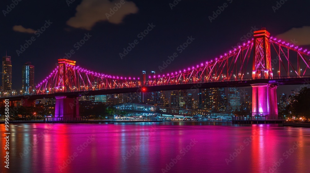 Naklejka premium A vibrant night view of a bridge illuminated with colorful lights over a calm waterway.