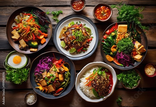 colorful plates featuring vibrant stir fried dishes fresh flavorful sauces perfectly arranged visual feast, appetizer, entrees, ingredients, garnish, plating