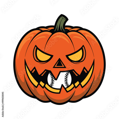 Halloween pumpkin jack o' lantern biting baseball illustration