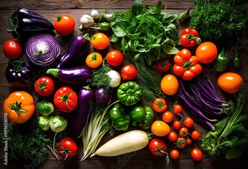 vibrant vegetables colorful flat lay arrangement showcasing freshness diversity, composition, produce, nutrition, carrot, tomato, pepper, onion, garlic photo