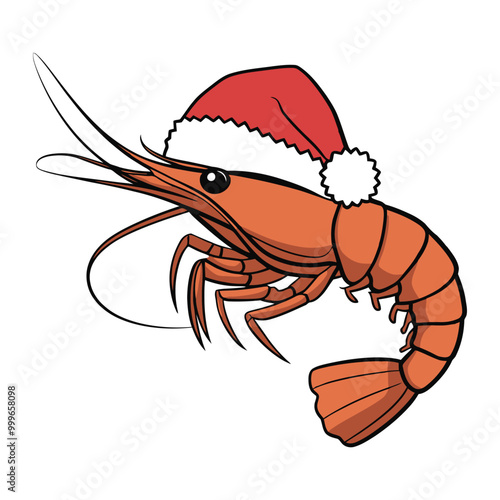 Christmas Shrimp with Santa Hat Cartoon Illustration