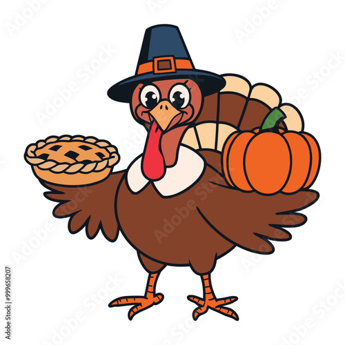 Thanksgiving Turkey with Pie and Pumpkin Cartoon Illustration