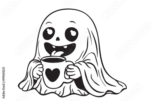 Ghost, Halloween, cartoon, cute, spooky, autumn, leaves, pumpkin, jack-o'-lantern, book, reading, coffee, mug, heart, smiling, friendly, playful, character, illustration, black and white, line art, ve