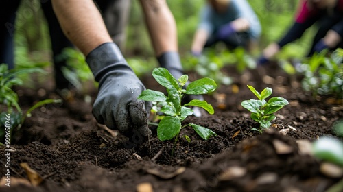 Environmental Conservation Efforts: Volunteers Planting Native Species with Small Shovels, Tools, and Dedication in Close-Up Shot