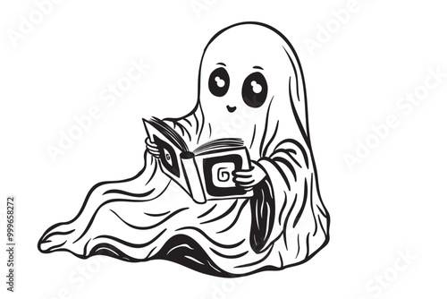 Ghost, Halloween, cartoon, cute, spooky, autumn, leaves, pumpkin, jack-o'-lantern, book, reading, coffee, mug, heart, smiling, friendly, playful, character, illustration, black and white, line art, ve