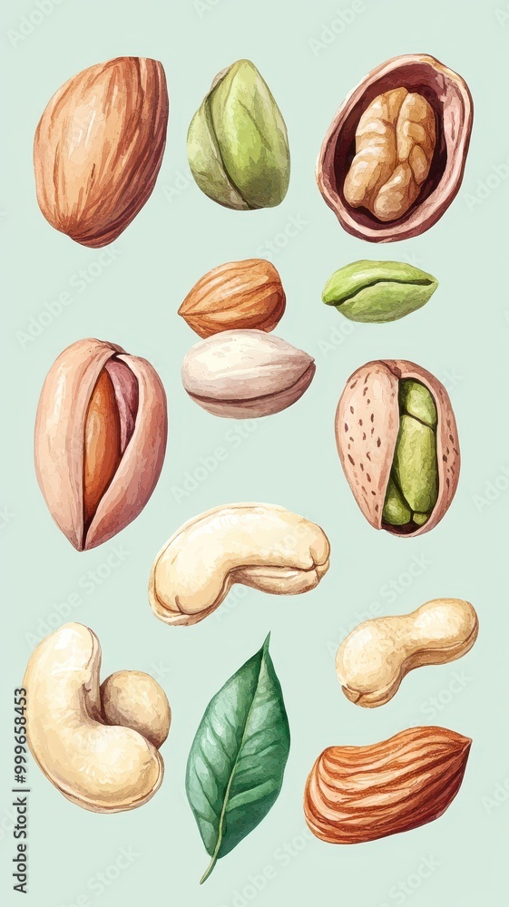 Watercolor painting set of nuts,pistachios,Almond,cashew nuts,hazelnut,Different types of nut isolated,food clipart,Macro concept of nuts and seeds,nut collection,space for text. Watercolor painting set of nuts,pistachios,Almond,cashew nuts,hazelnut,Different types of nut isolated,food clipart,Macro concept of nuts and seeds,nut collection,space for text.