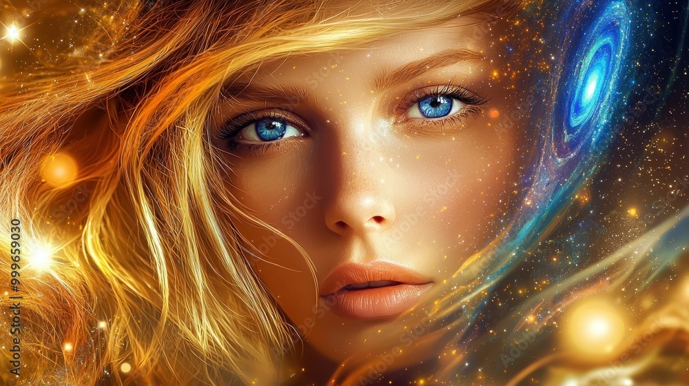Captivating cosmic journey of a mystical woman with vibrant blue eyes and swirling galaxies Captivating cosmic journey of a mystical woman with vibrant blue eyes and swirling galaxies