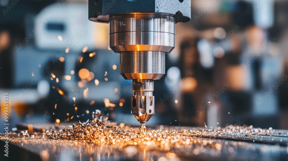 A close-up of a CNC machine cutting metal, producing sparks and shavings. A close-up of a CNC machine cutting metal, producing sparks and shavings.