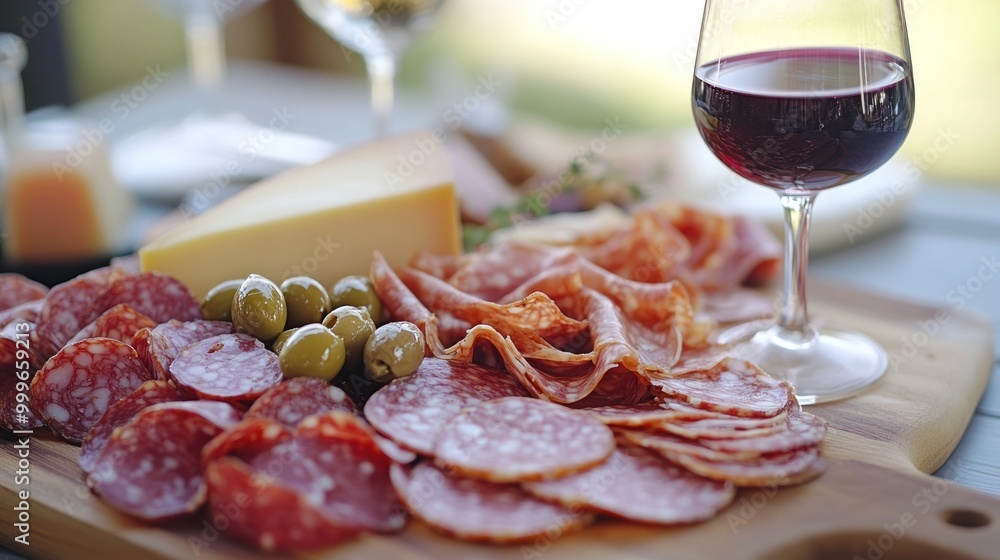 A charcuterie board with assorted meats, cheese, olives, and a glass of red wine. A charcuterie board with assorted meats, cheese, olives, and a glass of red wine.