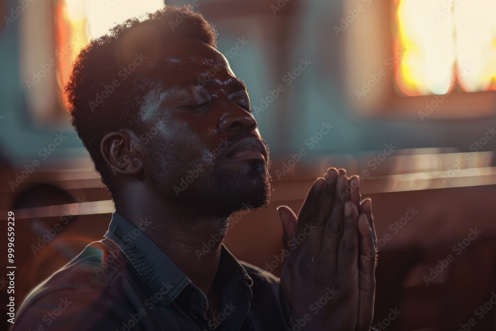 A man praying in a quiet church atmosphere A man praying in a quiet church atmosphere