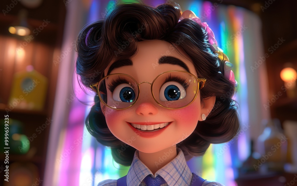 Cheerful animated character with glasses and vibrant background Cheerful animated character with glasses and vibrant background