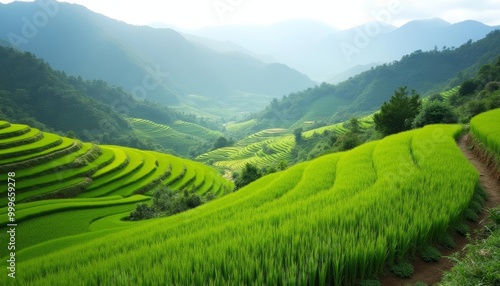  Vibrant Rice Terraces in a Mountainous Landscape