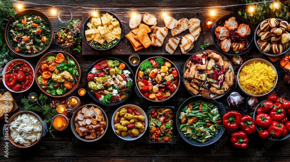 Festive Holiday Feast with Varied Courses and Fresh Ingredients on Wooden Table Festive Holiday Feast with Varied Courses and Fresh Ingredients on Wooden Table
