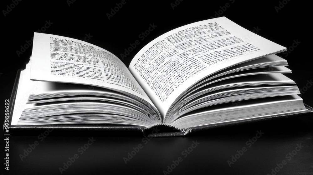 Open book showcasing pages with text on a black background Open book showcasing pages with text on a black background