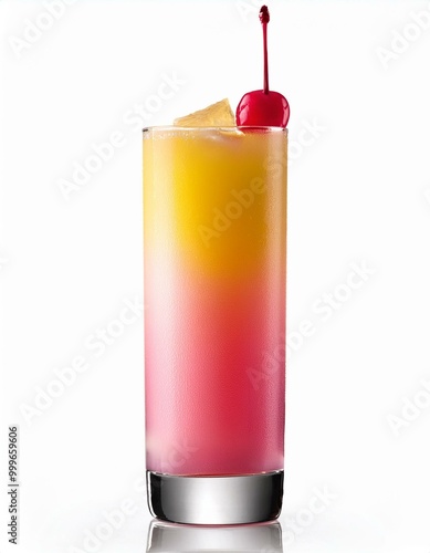 pink and yellow tropical cocktail with a red cherry