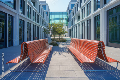 фотографія modern public courtyard in an urban setting, featuring two bright red benches fa