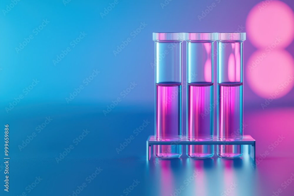 Three test tubes with colorful liquid in a vibrant laboratory setting. Three test tubes with colorful liquid in a vibrant laboratory setting.
