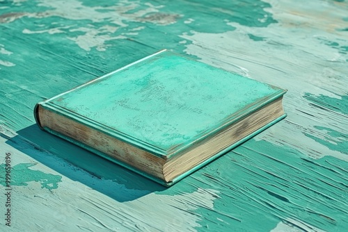 Vintage turquoise book on weathered wooden surface