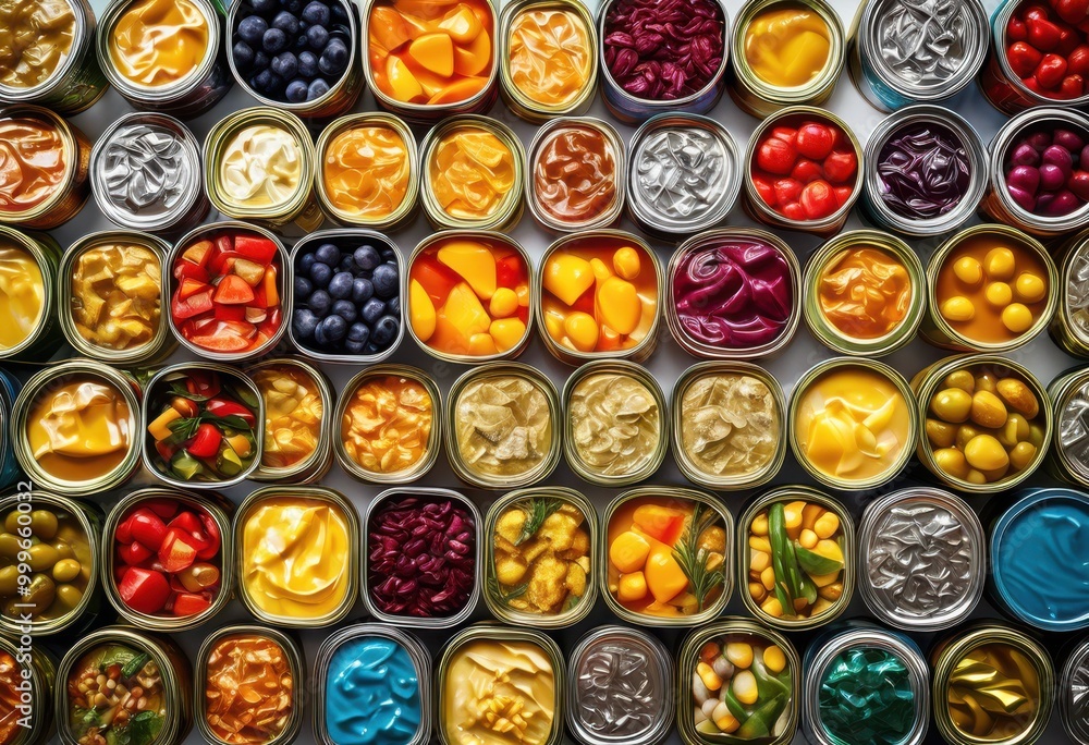 vibrant display colorful canned food options showcasing variety designs bright colors aesthetic arrangement, art, foodie, fruits, grocery, imagery, layout vibrant display colorful canned food options showcasing variety designs bright colors aesthetic arrangement, art, foodie, fruits, grocery, imagery, layout