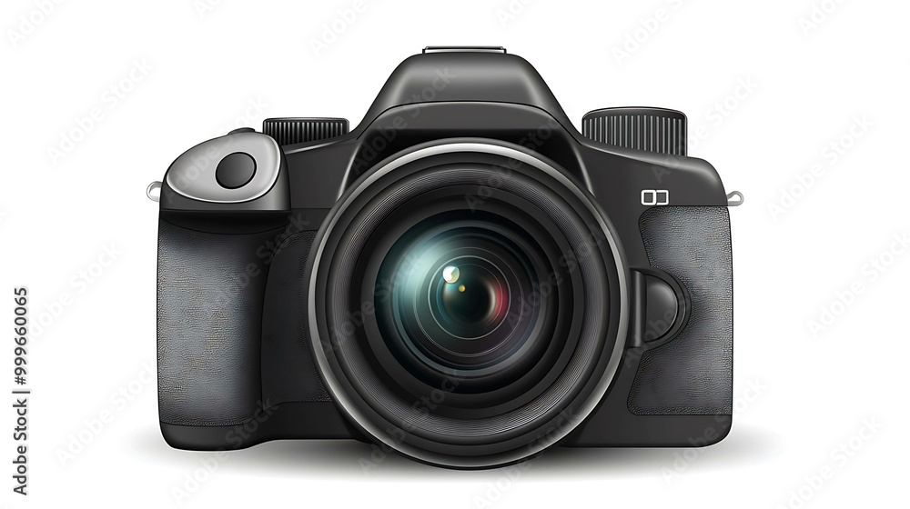 Close-up of a black DSLR camera with a lens. Close-up of a black DSLR camera with a lens.