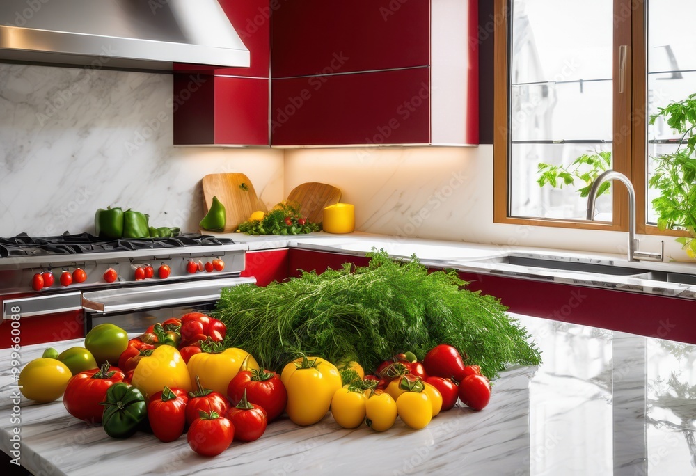 close view fresh ingredients displayed neatly pristine kitchen environment, freshness, vegetable, fruit, herb, garlic, onion, tomato, pepper, parsley close view fresh ingredients displayed neatly pristine kitchen environment, freshness, vegetable, fruit, herb, garlic, onion, tomato, pepper, parsley