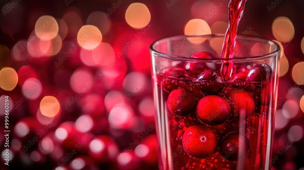 A refreshing drink with red berries being poured into a glass, set against a bokeh background. A refreshing drink with red berries being poured into a glass, set against a bokeh background.