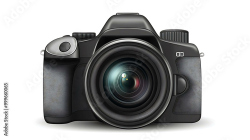 Close-up of a black DSLR camera with a lens.