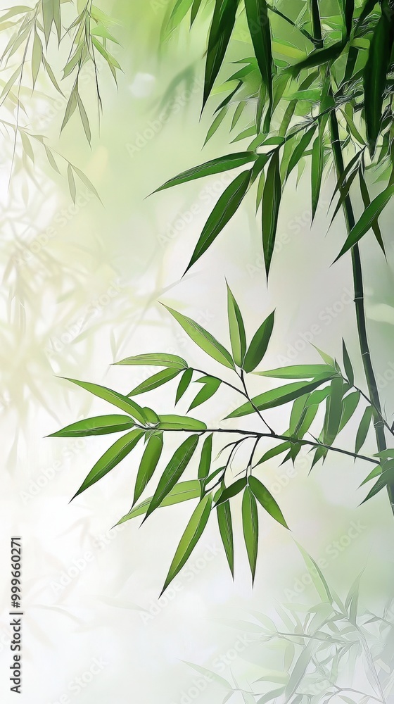 Fototapeta premium Delicate green bamboo leaves dancing softly in the gentle morning light