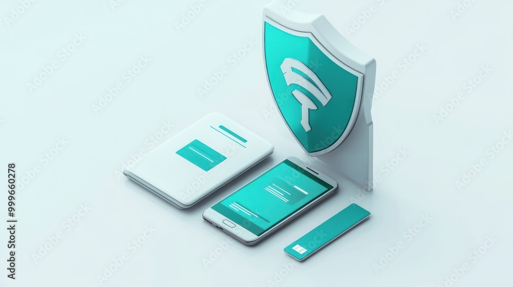 Digital security concept featuring a smartphone, tablet, and a protective shield icon. Digital security concept featuring a smartphone, tablet, and a protective shield icon.