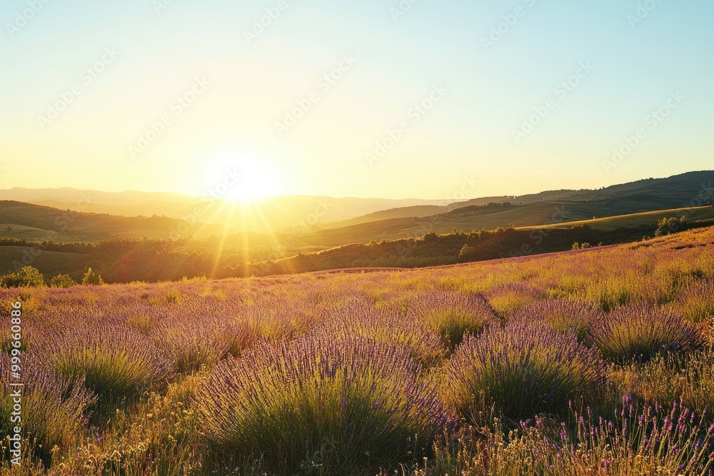 Obraz premium A serene lavender field at sunrise, showcasing nature's beauty and tranquility.