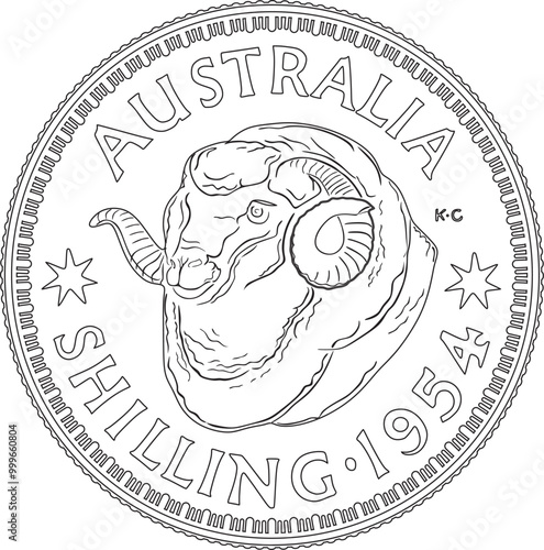 Australia silver shilling with Ram Head vector design handmade silhouette.